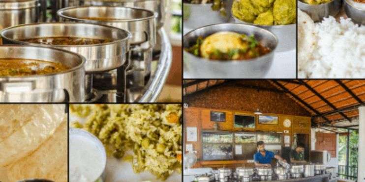 A collage of food dishes, showcasing local Karnataka cuisine with fresh spices and aromatic flavors.