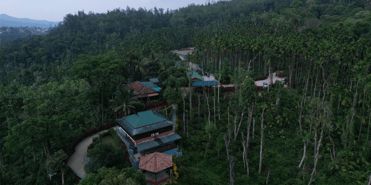 Aerial view of a cozy house nestled among lush trees, showcasing Bynekaadu as the ideal retreat before winter.