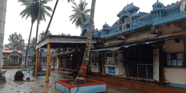 A serene view of Kalaseshwara Temple surrounded by palm trees, featuring a striking blue building in a picturesque setting.