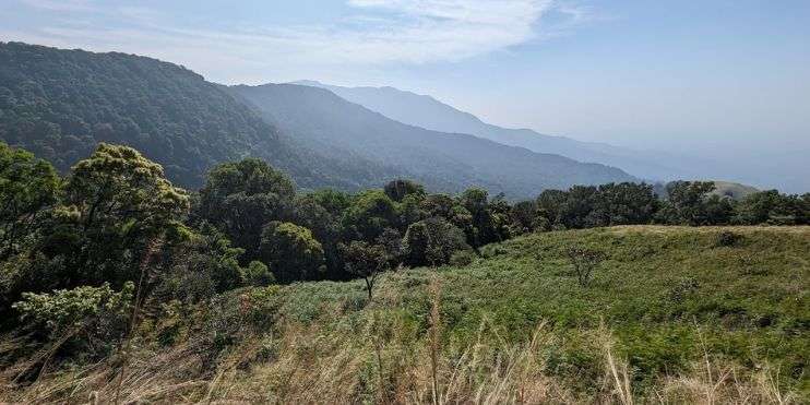 Scenic view of lush green mountains and trees from a hilltop, ideal for trekking from June to February.