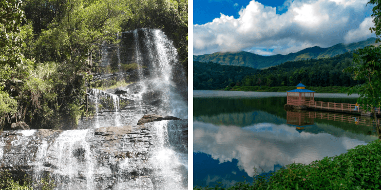 Two images showcasing the stunning Jhari Waterfall and the serene Hirekolale Lake, perfect for nature lovers and tranquility seekers.