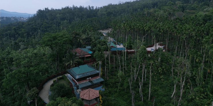 Aerial view of a serene resort nestled in a lush forest, offering a tranquil retreat for relaxation and spiritual rejuvenation.