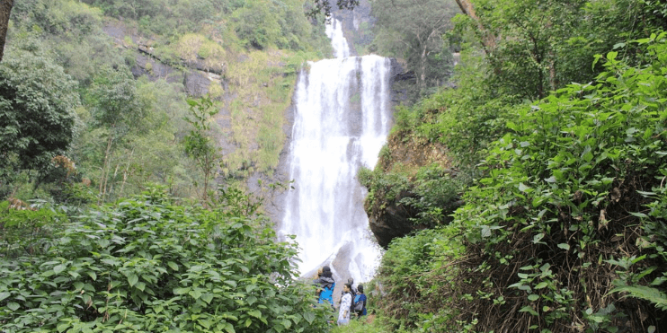 People ascend a hillside beside a waterfall, enjoying the natural beauty and adventure of Hebbe Falls in Chikmagalur.