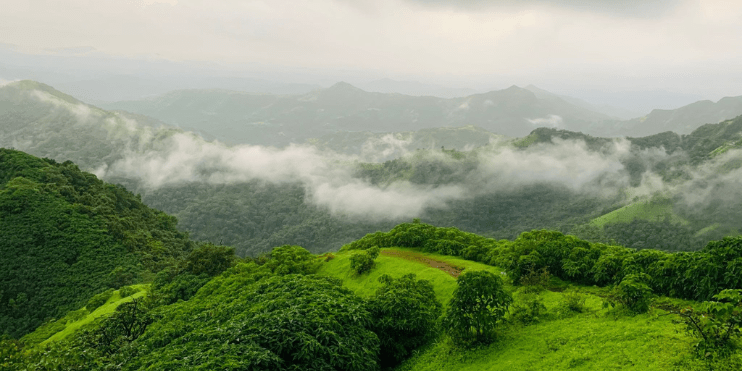 Lush green hills and trees create a picturesque mountain landscape, showcasing nature's beauty at Kavikal Gandi.