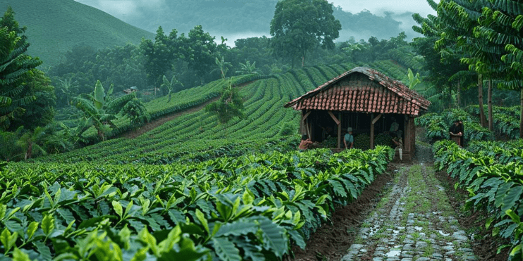 A quaint hut surrounded by lush tea plants, showcasing the serene beauty of Chikmagalur's agricultural landscape.