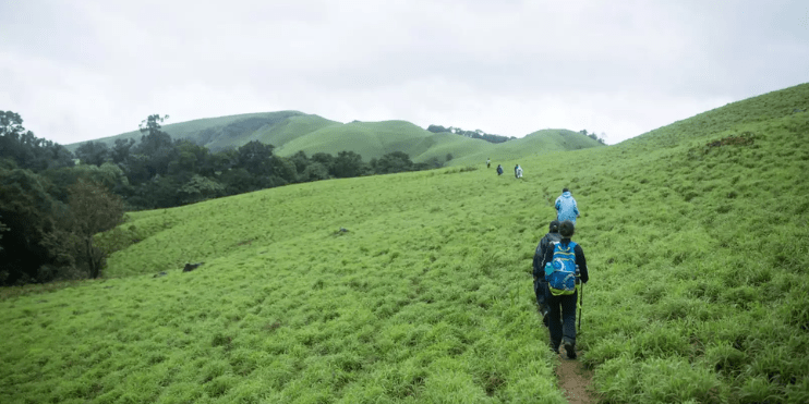 People walking on a grassy hillside with mountains in the background, enjoying nature and scenic views during a trek.