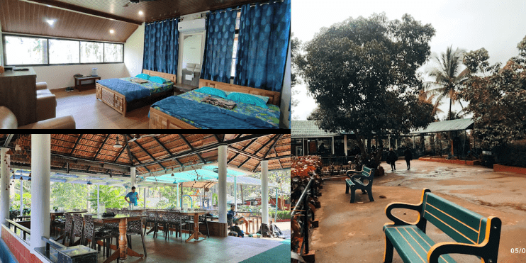 A collage of four images showcasing a room featuring a table, chairs, and a bed, highlighting diverse accommodation options.