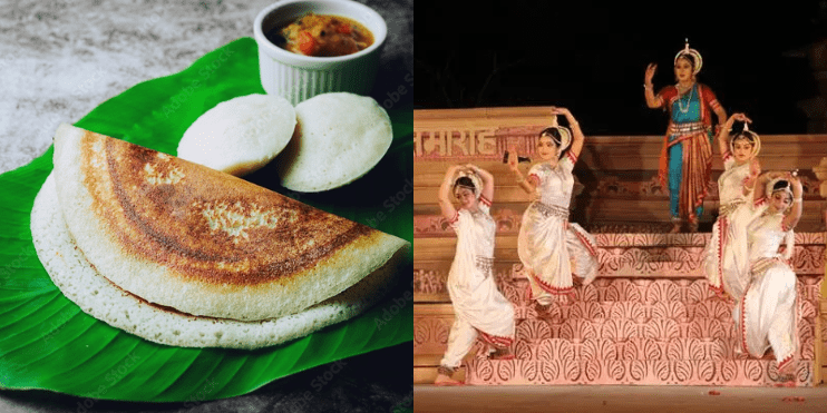 A collage featuring a woman dancing and a plate of traditional South Indian food, showcasing cultural and culinary delights.