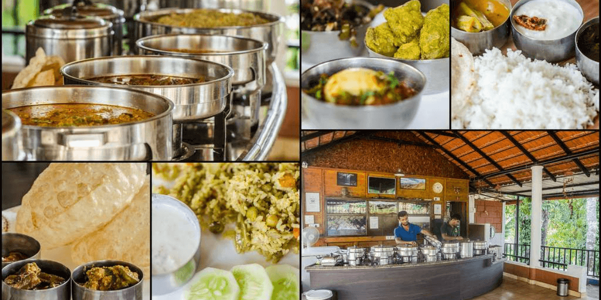 A collage of various bowls filled with authentic Malnad dishes, showcasing local flavors and fresh ingredients.