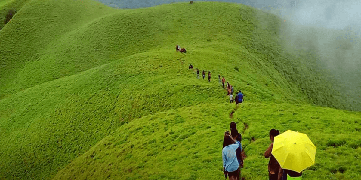 People walking up a hill, carrying a yellow umbrella, amidst lush greenery, representing travel tips for Charmadi Ghat.