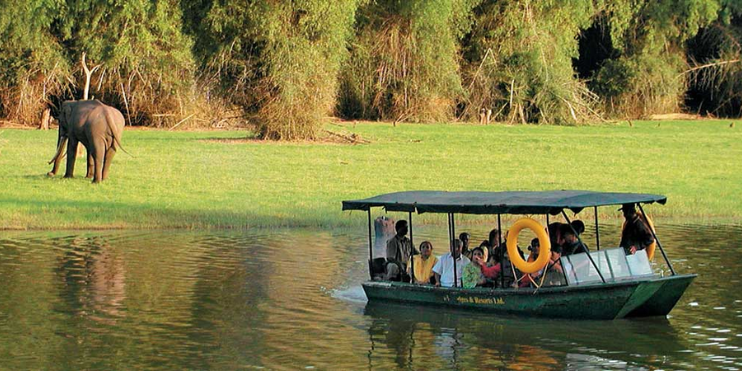 A boat with people enjoying a ride on the serene Kabini River, surrounded by lush wildlife and natural beauty.