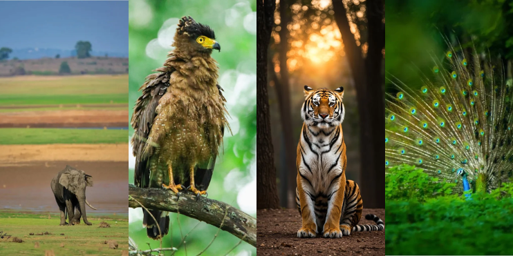 A collage of four pictures featuring different animals and birds encountered during a Kabini wildlife safari adventure.
