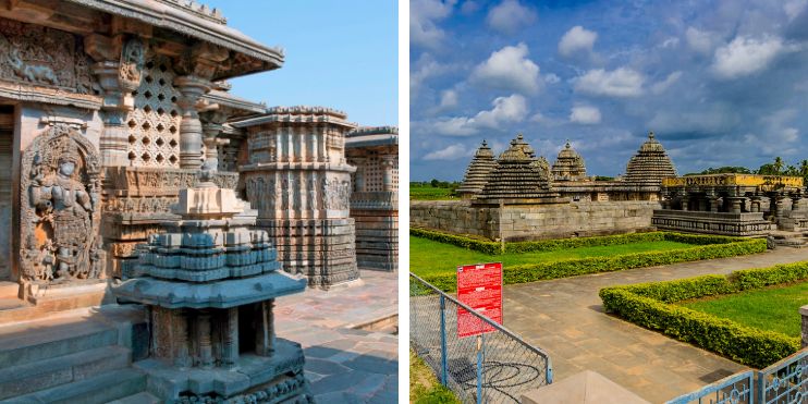 Two images of Paathaaleshwara Temple, showcasing its stone wall and underground sanctum, highlighting Hoysala architecture.