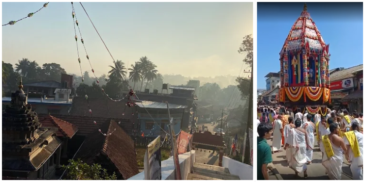 Two images show people walking along a street near the Malahanikareshwara Temple, highlighting its impressive architecture.