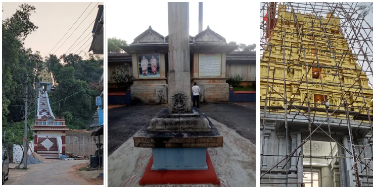 Four images showcasing diverse temple architectures, highlighting historical styles and intricate designs across different eras.